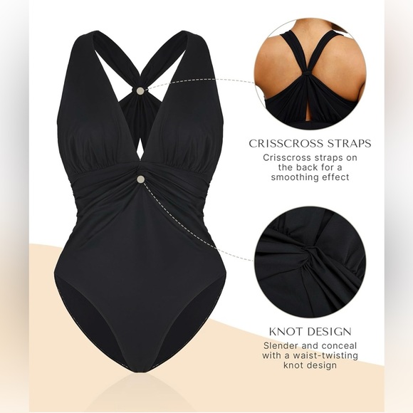 SHAPELLX Women's One Piece Swimsuit Tummy Control Ruched Full Coverage V Neck - Picture 3 of 9